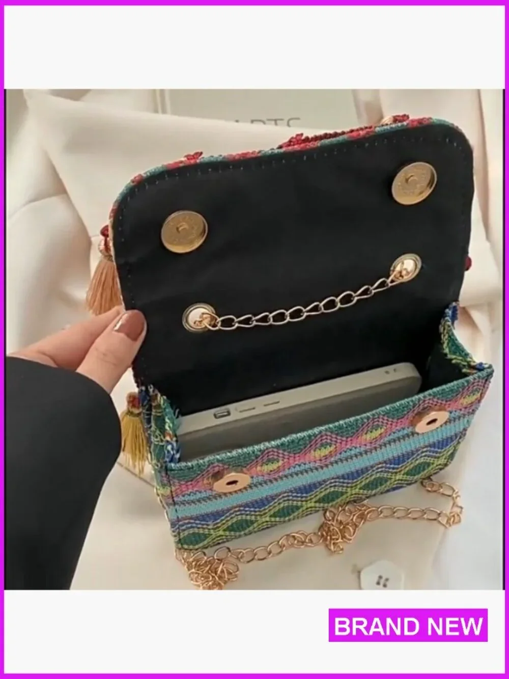 Boho Handwoven Crossbody Bag Gold Chain Tassel Strawberry Keychain Summer - Picture 7 of 7